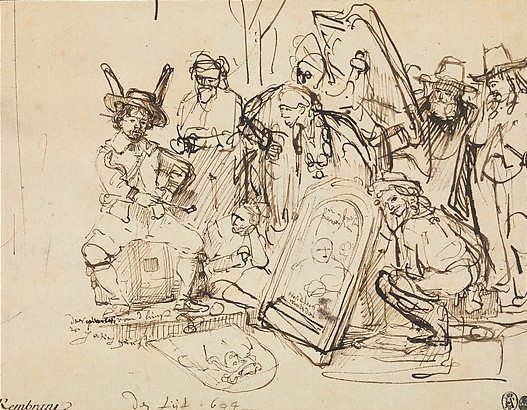 Rembrandt (Rembrandt van Rijn) (Dutch, Leiden 1606–1669 Amsterdam) Satire on Art Criticism, 1644 Pen and brown ink corrected with white.; 6 1/8 x 7 15/16 in. (15.5 x 20.1 cm) The Metropolitan Museum of Art, New York, Robert Lehman Collection, 1975 (1975.1.799) http://www.metmuseum.org/Collections/search-the-collections/459210